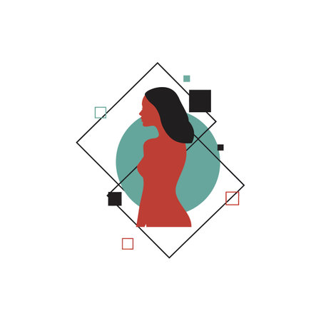 A side profile of a woman in red, surrounded by geometric shapes and a turquoise circle, creating a modern and minimalistic atmosphere.のイラスト素材