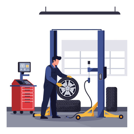 A mechanic focuses on changing a tire using a hydraulic lift in a well-equipped garage, showcasing a professional and industrial atmosphere.のイラスト素材