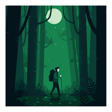 A lonely hiker with a backpack strides through a dark green forest, illuminated by a bright full moon, creating a serene atmosphere.のイラスト素材