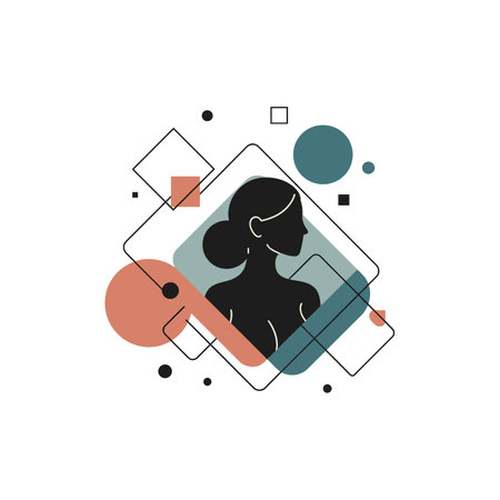 A graceful silhouette of a woman is framed by colorful geometric shapes, creating a modern and stylish atmosphere.のイラスト素材