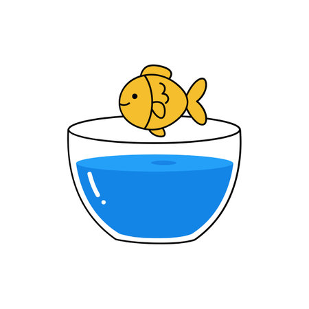 A cheerful goldfish leaps joyfully above a vibrant blue bowl filled with water, creating a fun and lively atmosphere.のイラスト素材