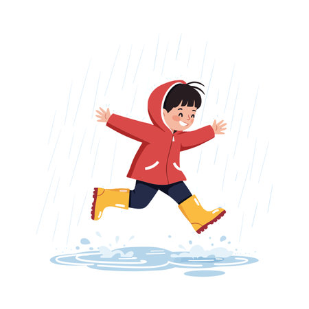 A joyful child splashes in puddles wearing a red raincoat and yellow boots under falling rain, exuding happiness and playfulness.のイラスト素材