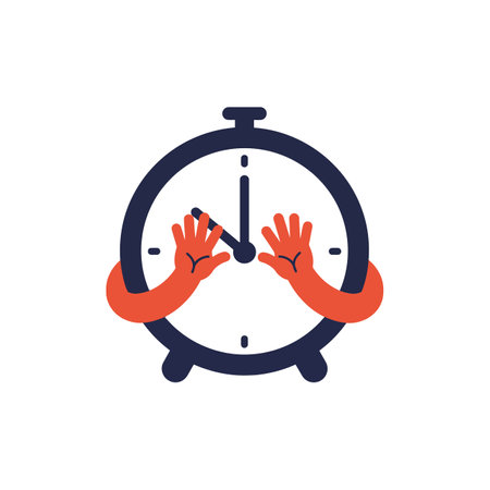 A whimsical clock features cartoonish human hands pushing the hour and minute hands, creating a playful atmosphere about time management.のイラスト素材