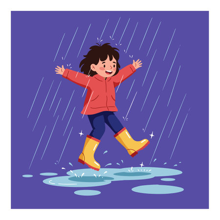 A joyful child splashes in rainwater, wearing bright yellow boots and a red jacket, radiating happiness amidst the rain.のイラスト素材