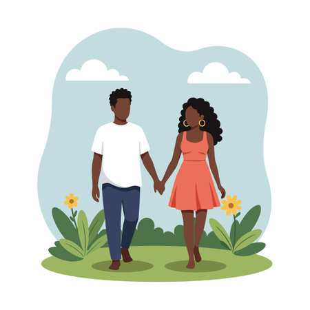 A man and woman stroll together in a lush garden, surrounded by flowers and greenery, radiating joy and connection.のイラスト素材
