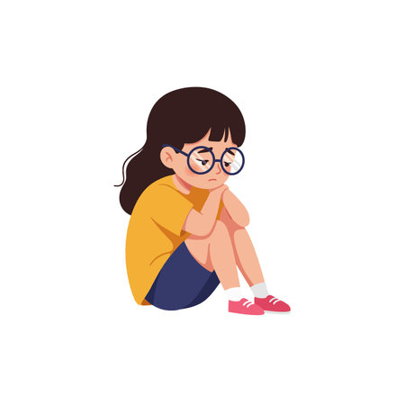 A girl with long dark hair and glasses sits on the floor, hugging her knees, conveying a mood of sadness and introspection.のイラスト素材