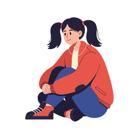 A young girl with pigtails sits thoughtfully on the floor, wearing a red jacket and blue jeans, exuding a calm and reflective mood.のイラスト素材