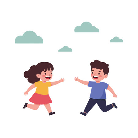 Two smiling kids, a girl in a yellow top and a boy in blue, happily run toward each other under fluffy clouds.のイラスト素材