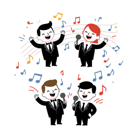 Four animated singers in suits joyfully perform with microphones, surrounded by colorful musical notes, creating a vibrant and festive atmosphere.のイラスト素材