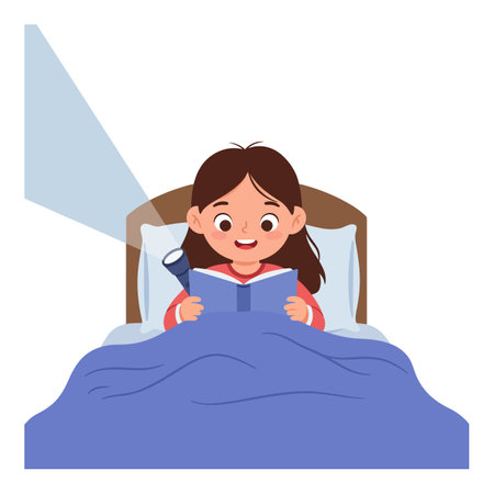A smiling girl sits in bed, reading a book with a flashlight, creating a warm and inviting nighttime atmosphere.のイラスト素材