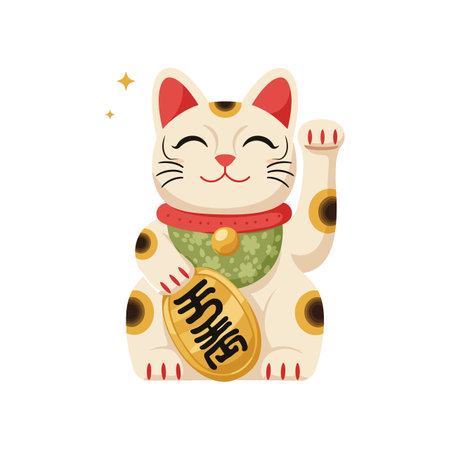 A joyful cat figurine with a raised paw holds a gold coin, radiating a cheerful atmosphere, adorned with vibrant patterns and a friendly expression.のイラスト素材