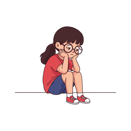 A young girl with glasses sits on the floor, looking downcast while resting her chin on her hands, conveying a mood of sadness.のイラスト素材