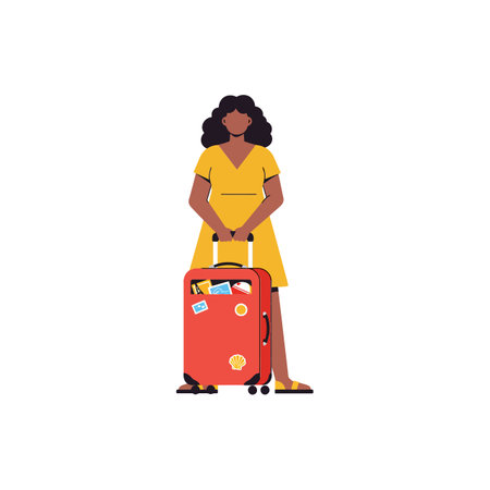 A cheerful woman in a yellow dress holds a vibrant red suitcase adorned with travel stickers, exuding excitement for her journey.のイラスト素材