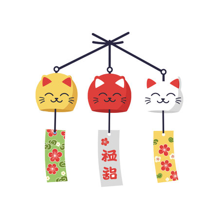 Three cheerful cat figurines hang from a string, adorned with colorful floral designs, creating a playful and joyful atmosphere.のイラスト素材