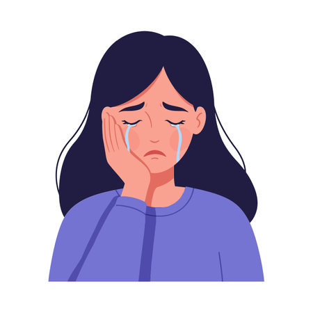 A woman with long black hair shows her sorrow, tears rolling down her cheeks as she gently touches her face in a poignant moment.のイラスト素材