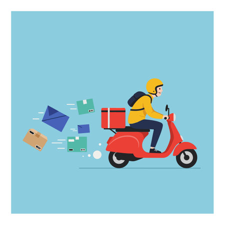 A delivery rider wearing a yellow jacket and helmet speeds on a red scooter, delivering packages with a sense of urgency.のイラスト素材