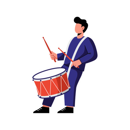 A young man enthusiastically plays a red snare drum, exuding energy and rhythm in a vibrant setting.のイラスト素材