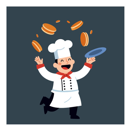 A cheerful chef in a white uniform tosses pancakes into the air while smiling, creating a fun and lively kitchen atmosphere.のイラスト素材