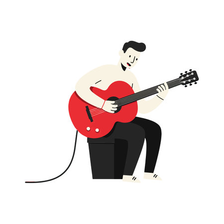 A young man in casual attire strums a vibrant red guitar, exuding creativity and passion in a relaxed setting.のイラスト素材