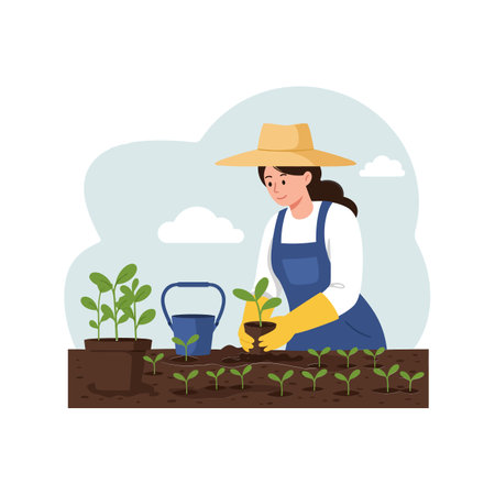 A woman in a straw hat carefully plants seedlings in the soil, using a watering can, surrounded by vibrant green plants.のイラスト素材