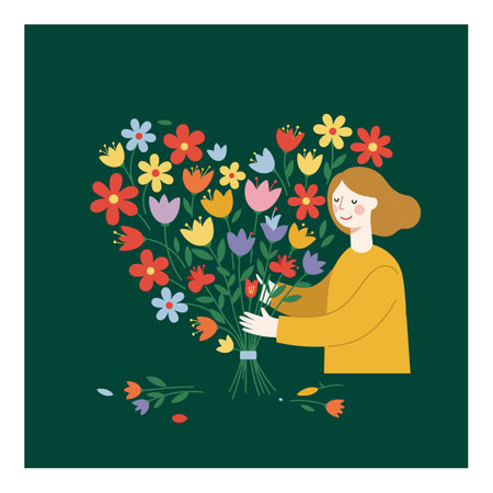 A cheerful woman holds a vibrant bouquet of assorted flowers, surrounded by a heart-shaped arrangement, creating a warm, inviting atmosphere.のイラスト素材
