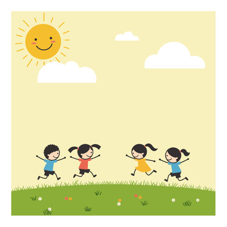 Four cheerful kids playfully run across a green field under a smiling sun and fluffy clouds, embodying a joyful atmosphere.のイラスト素材