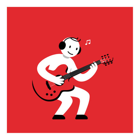 A cheerful figure with headphones strums a guitar, creating a lively atmosphere against a vibrant red background.のイラスト素材
