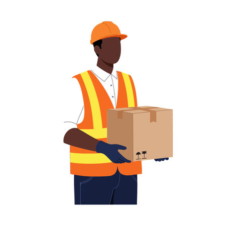 A construction worker wearing a safety vest and helmet carries a cardboard box, showcasing diligence in a minimalistic design.のイラスト素材