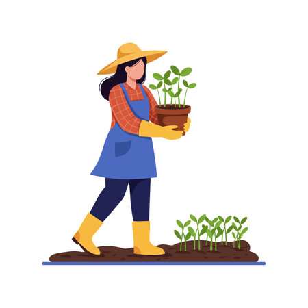 A woman in yellow boots and an apron carries a potted plant, surrounded by young seedlings in a vibrant garden scene.のイラスト素材