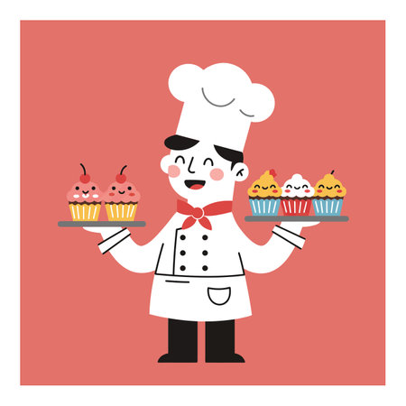 A smiling baker holds two trays of delightful cupcakes, showcasing vibrant colors and a joyful atmosphere.のイラスト素材