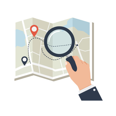A hand examines a map with a magnifying glass, highlighting a route between two location markers, conveying exploration and curiosity.のイラスト素材