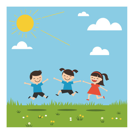 Three happy kids wearing colorful clothes leap in joy on a grassy field under a bright sun, radiating a carefree atmosphere.のイラスト素材