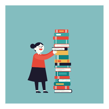 A woman in a red sweater smiles while adjusting a tall stack of vibrant books, creating a lively and engaging atmosphere.のイラスト素材
