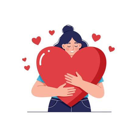 A cheerful woman hugs a big red heart, surrounded by smaller hearts, radiating love and happiness in a minimalistic design.のイラスト素材