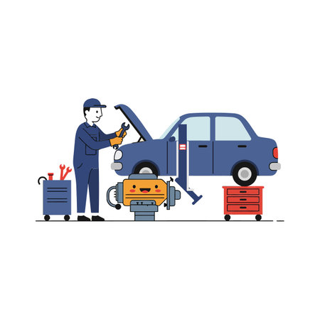 A mechanic repairs a blue cars engine in a garage setting, surrounded by tools and equipment, creating a focused and industrial atmosphere.のイラスト素材