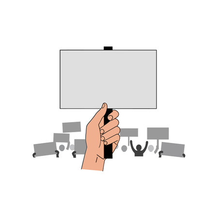 A hand firmly grips a blank sign, surrounded by silhouettes of people raising their own signs, conveying unity and determination.のイラスト素材