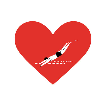 A swimmer gracefully dives into blue waves within a bold red heart, evoking love for aquatic activities.のイラスト素材