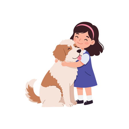 A young girl in a blue dress lovingly embraces her large, fluffy dog, radiating happiness and warmth in a playful setting.のイラスト素材