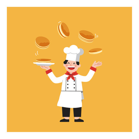 A joyful chef in a white uniform skillfully tosses pancakes in the air while smiling, creating a lively and fun atmosphere.のイラスト素材