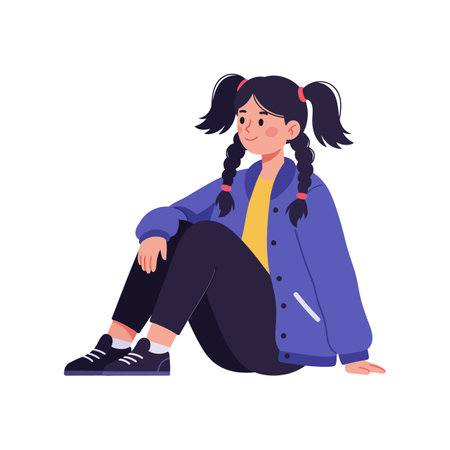 A girl with pigtails, wearing a blue jacket and black pants, casually sits with a cheerful expression in this vibrant vector art.のイラスト素材