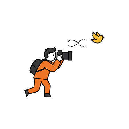 A photographer with a camera chases a small yellow bird soaring through the air, creating a lively and dynamic scene.のイラスト素材