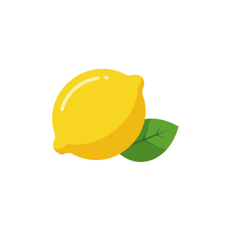 A bright yellow lemon with a fresh green leaf beside it, showing off a simple and cheerful design.のイラスト素材