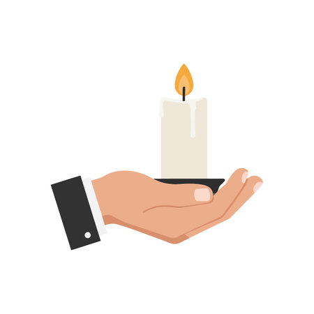 A hand gently supports a lit candle, with a soft glow illuminating the scene, conveying warmth and serenity.のイラスト素材