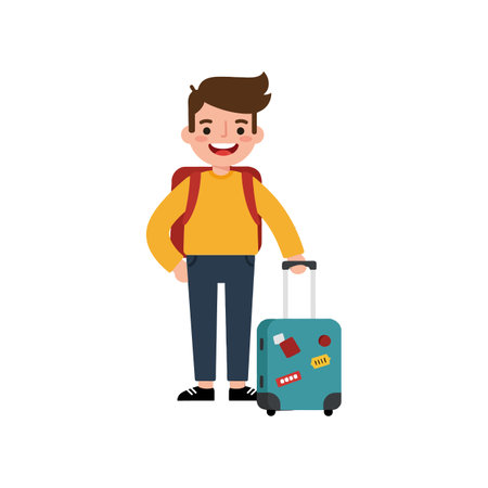 A cheerful young boy stands confidently with a turquoise suitcase and red backpack, ready for an adventure.のイラスト素材