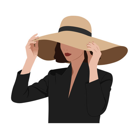 A stylish woman with a large sun hat gently positions it while wearing a chic black outfit, exuding confidence and sophistication.のイラスト素材