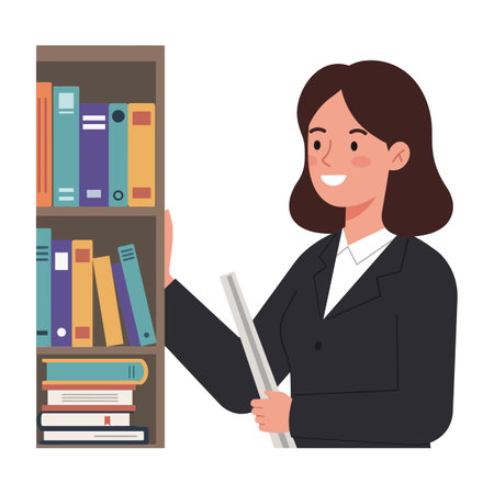 A cheerful businesswoman in a black suit stands beside a bookshelf, holding a white folder, surrounded by vibrant books.のイラスト素材
