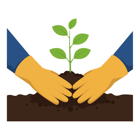 Two hands in yellow gloves gently place a small green seedling into rich dark soil, conveying a nurturing and hopeful atmosphere.のイラスト素材