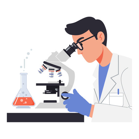 A focused scientist examines samples through a microscope beside a flask filled with red liquid, conveying a sense of discovery.のイラスト素材