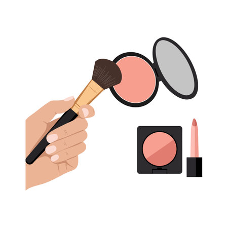 A hand holds a makeup brush, applying blush from a compact while a lipstick tube rests beside it, showcasing beauty and self-care.のイラスト素材