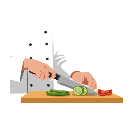 A chef in a white uniform slices cucumbers and tomatoes with a sharp knife, showing culinary skill and focus in a bright, clean kitchen.のイラスト素材
